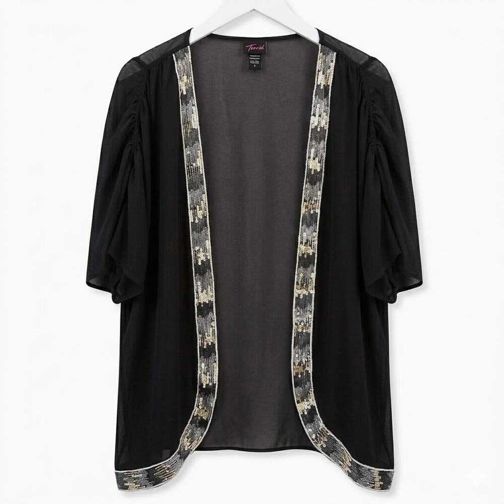 TORRID Black Sheer Embellished Open Front Cardigan Shrug Plus Size 2 (2XL)